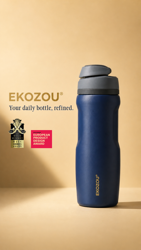 EKOZOU blue POPSIP bottle on a beige background